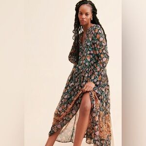 Free People Black Floral Maxi Dress with Green and Rust Accents